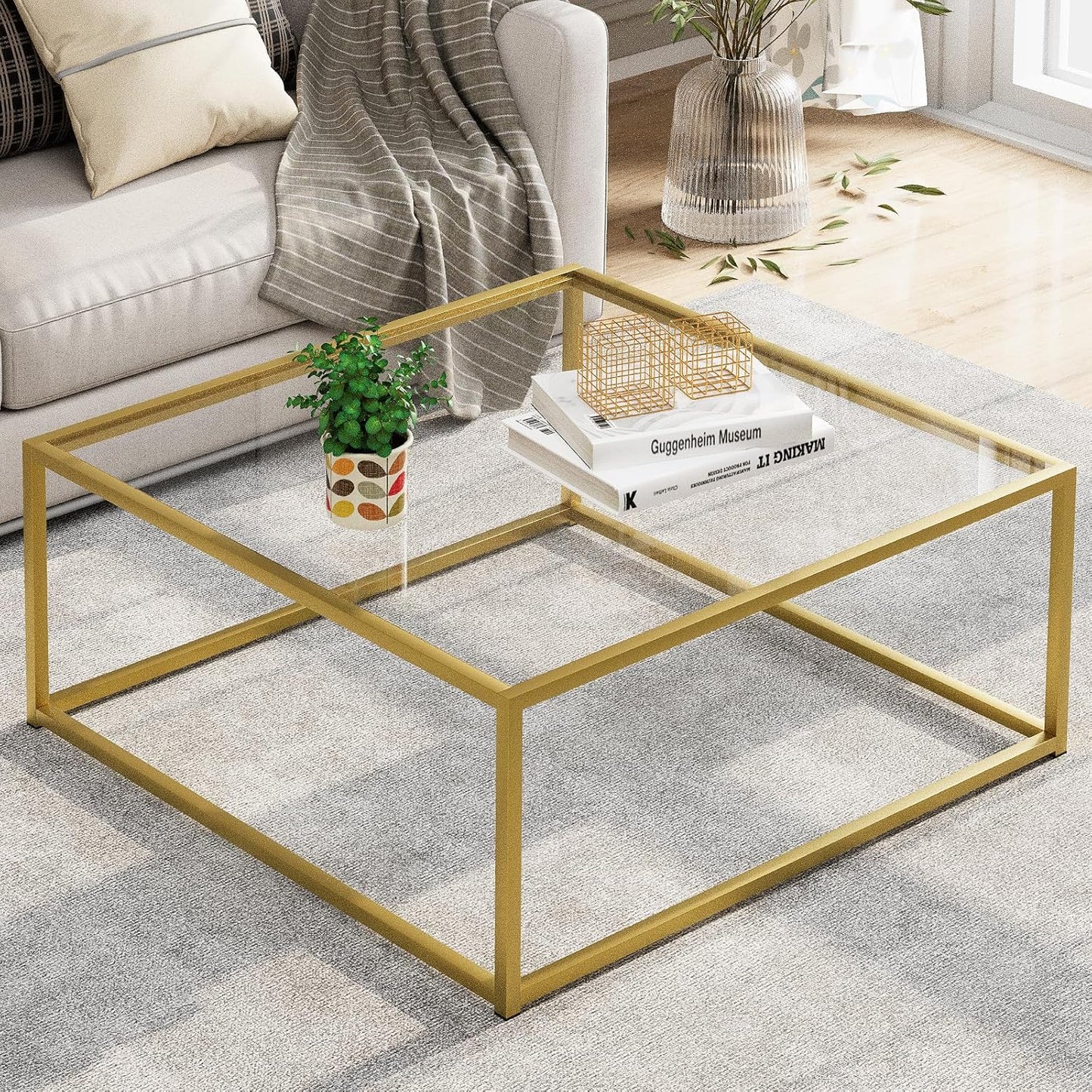 Black Glass Coffee Table for Living Room,Square Coffee Tables for Small Spaces,Simple Tea Cocktail Modern Center Tables, Living Room Tables,Easy Assembly,26 * 26in(Black & Clear Glass)