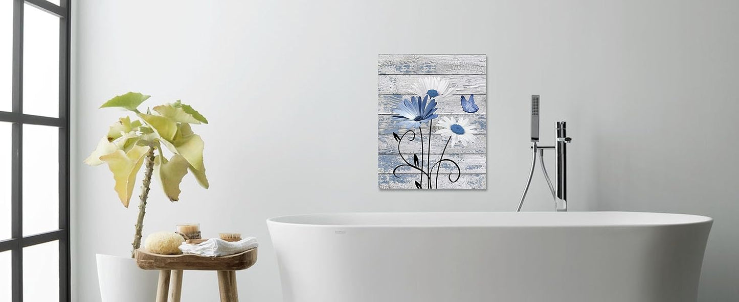Farmhouse Floral Wall Art for Living Room, Blue and White Daisy Flower and Butterfly on Rustic Wood Board Canvas Wall Art Framed Artwork Ready to Hang for Bathroom Bedroom Decor, 16L X 12W