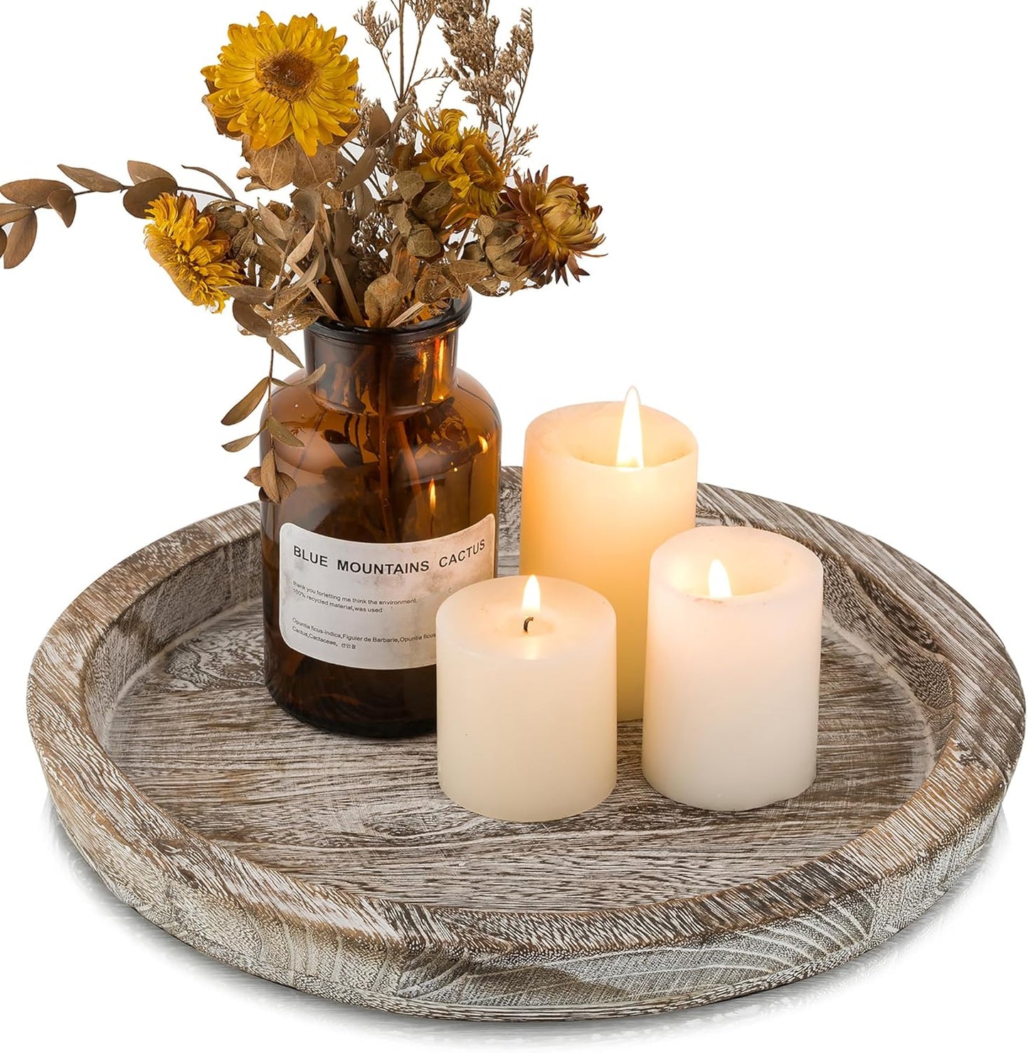 Candle Plate Holder Tray: Round White Wood Decorative Tray Decor - Rustic Farmhouse CoffeeTable Decor - Tealight Pillar Trays for Home Decor