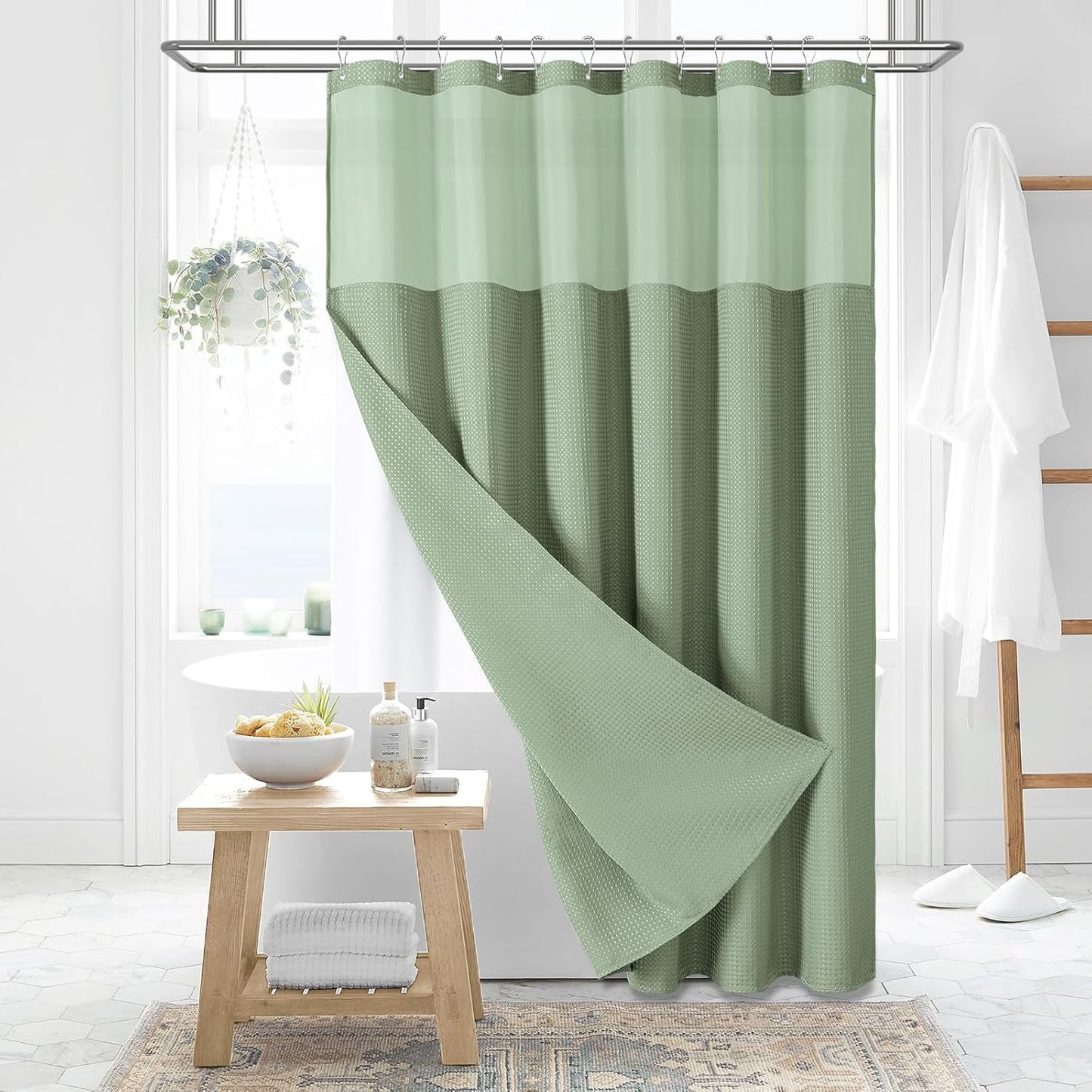 Dynamene Sage Green Shower Curtain - Waffle Textured Heavy Duty Thick Fabric Shower Curtains for Bathroom, 256GSM Luxury Weighted Polyester Cloth Bath Curtain Set with 12 Plastic Hooks,72Wx72H,Green
