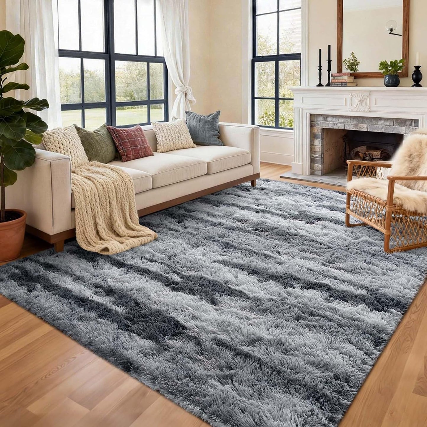 6x9 Ft Large Shag Rugs for Living Room, Tie-Dyed Ultra Soft Fluffy Furry Area Rugs for Bedroom Indoor Floor, Aesthetic Carpet for Kids Home Decor (Dark Grey)