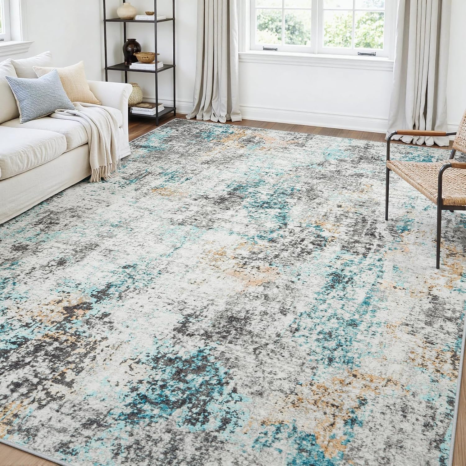 Area Rug Living Room Rugs: 5x7 Large Soft Indoor Carpet Modern Abstract Rug with Non Slip Rubber Backing for Under Dining Table Nursery Home Office Bedroom White Gray Blue