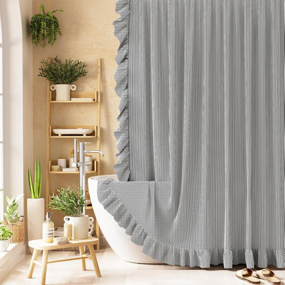 Ruffle Shower Curtain with Three-Side Ruffle, Solid White Farmhouse Curtains, Soft Flowy Layered Fabric, Elegant Spa Style, Clean Minimal Look, Water Repellent,12 Metal Hooks, 72" W x 72" L