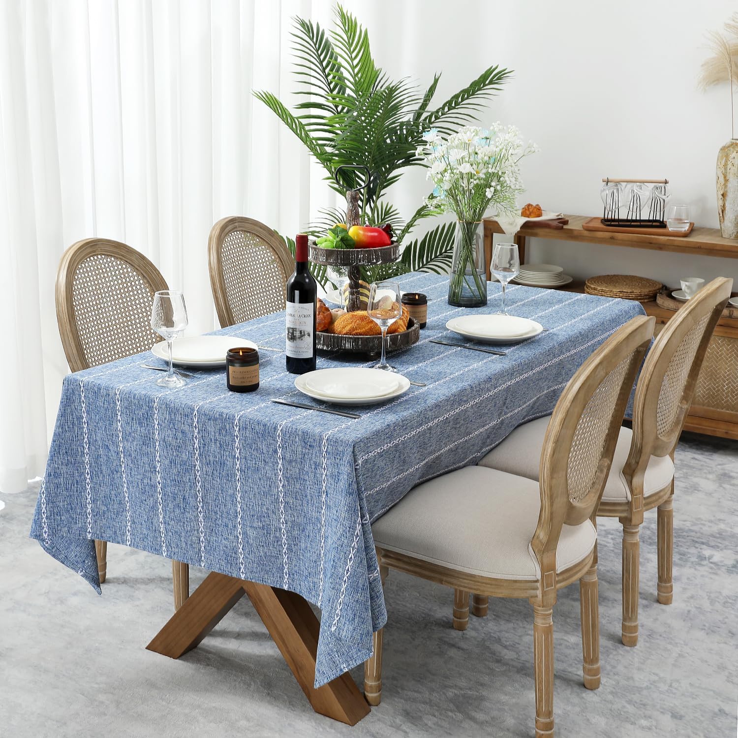 60 x 84 inches Farmhouse Style Linen tablecloths, Wrinkle Resistant Washable Dining Room Table Cloths for Rectangle Tables - Hemstitch Light Coffee
