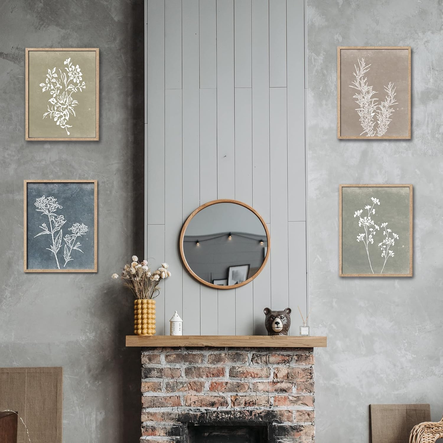 Framed Boho Wall Art Set of 4 for Wooded Minimalist Botanical Print Wall Art for Rustic Vintage Farmhouse Home Kitchen Wall Decor (Brown, 11x14)