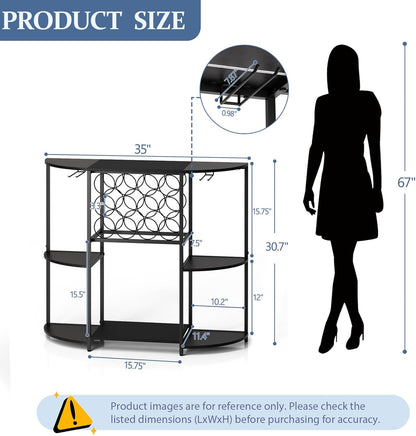 JKsmart Wine Bar Cabinet with LED Lights, Mini Wine Bar Cart with Storage and Glass Holder, Home Bar Coffee Bar for Liquor, 3-Tier Bar Table for Kitchen, Dining Room, Living Room, Black