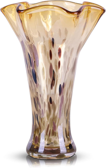 9.0" H Teal Glass Vases for Flowers, Unique Hand Blown Glass Vase Green Home Decor, Wide Mouth Colorful Flower Vase Centerpieces, for Living Room Table Bookshelf, Bathroom Office Shelf Decorative
