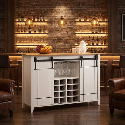 GAOMON Farmhouse Coffee Bar Cabinet 47", Buffet Cabinet with Sliding Barn Door, Coffee Bar with 4 Glass Hooks and 16 Wine Racks for Kitchen, Dining and Living Room, White