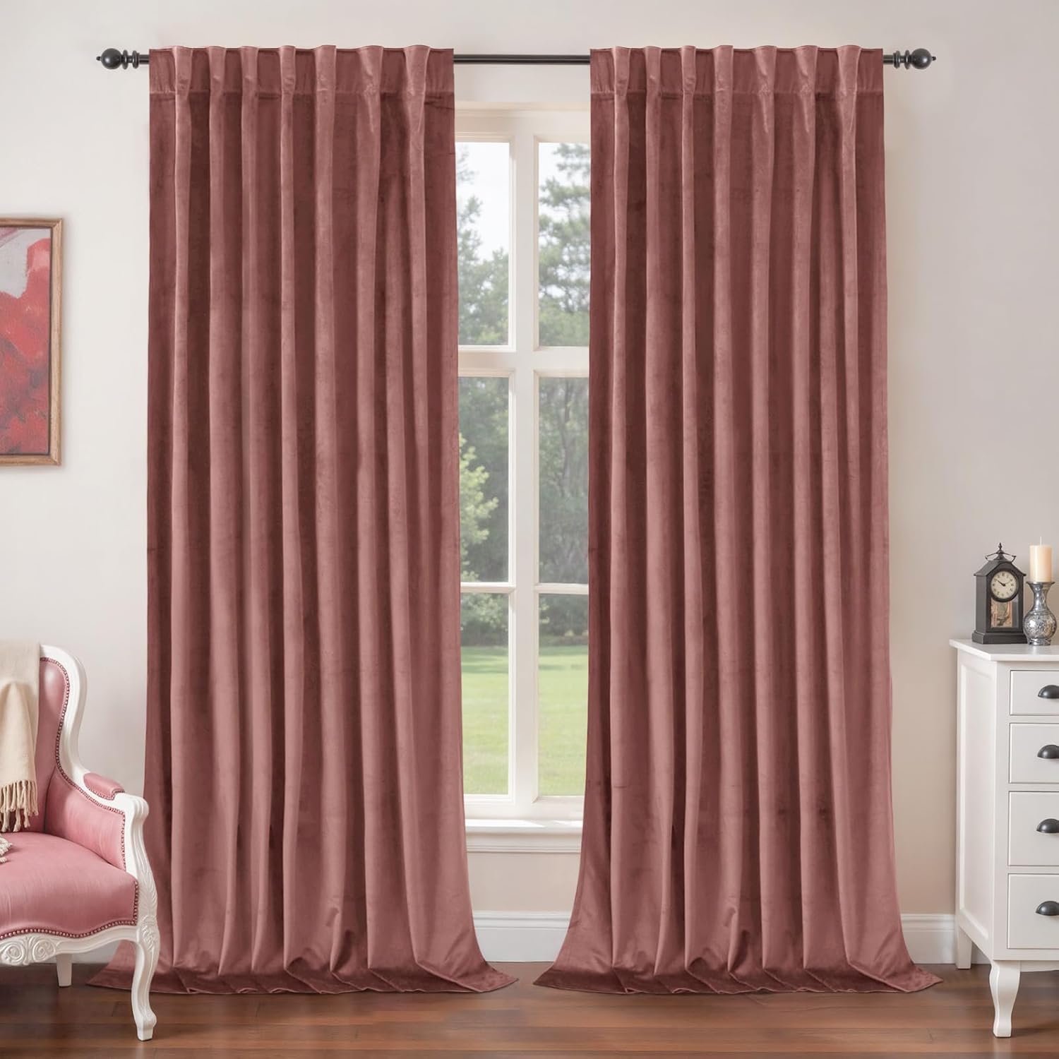 Green Velvet Curtains 84 Inch Length, Thermal Insulated Blackout Curtains Room Darkening Drapes with Back Tab and Rod Pocket for Living Room/French Door, Set of 2 Panels, 52 x 84 Inch