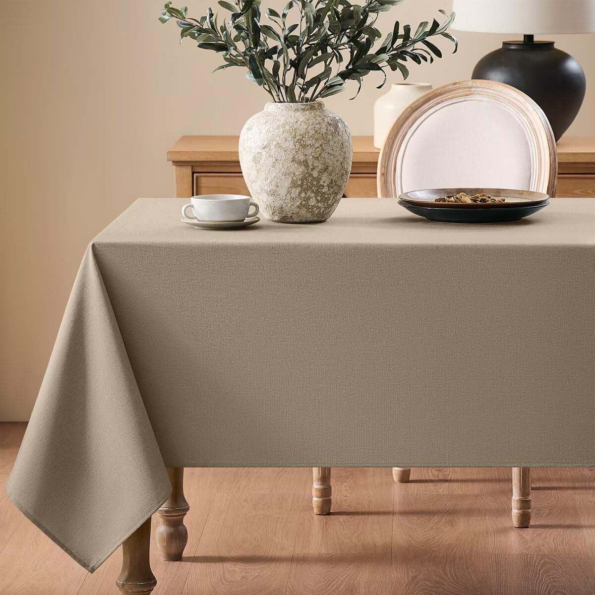 Faux Linen Tablecloths for Rectangle Tables, Burlap Textured Table Cloths Washable Farmhouse Table Cover Water Resistant for Dining, Wedding, Outdoor(Khaki, 52"×70")
