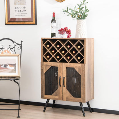 Giantex Farmhouse Wine Bar Cabinet, 11 Bottles Rack, Buffet Cabinet with Storage, Industrial Kitchen Sideboard, Anti-Tipping Design, 2 Doors, Glass Holder, for Living Room (Brown & Black)