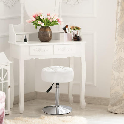 Adjustable Vanity Stool, 360 Swivel Chair for Makeup Room, White Faux Leather Stool for Bathroom & Living Room