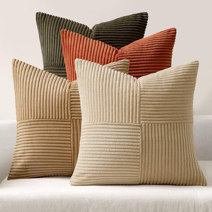 Teal Orange Decorative Throw Pillow Covers 18x18 Inch Set of 4 Boho Corduroy Striped Cushion Cases Modern Farmhouse Patchwork Pillow Cases for Couch Sofa Bedroom Home Decor