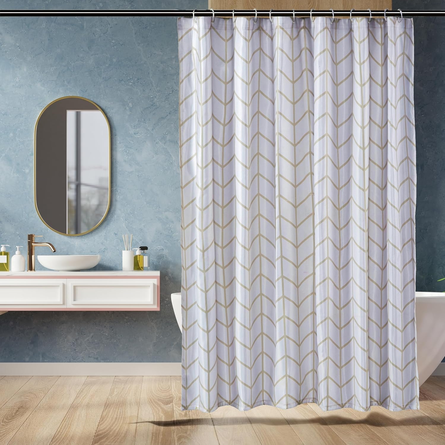 Bathroom Shower Curtain, Water Resistant Fabric with Rust Proof Grommets & Hooks, Weighted Hem, Machine Washable, 72"x72", Light Brown, Beige