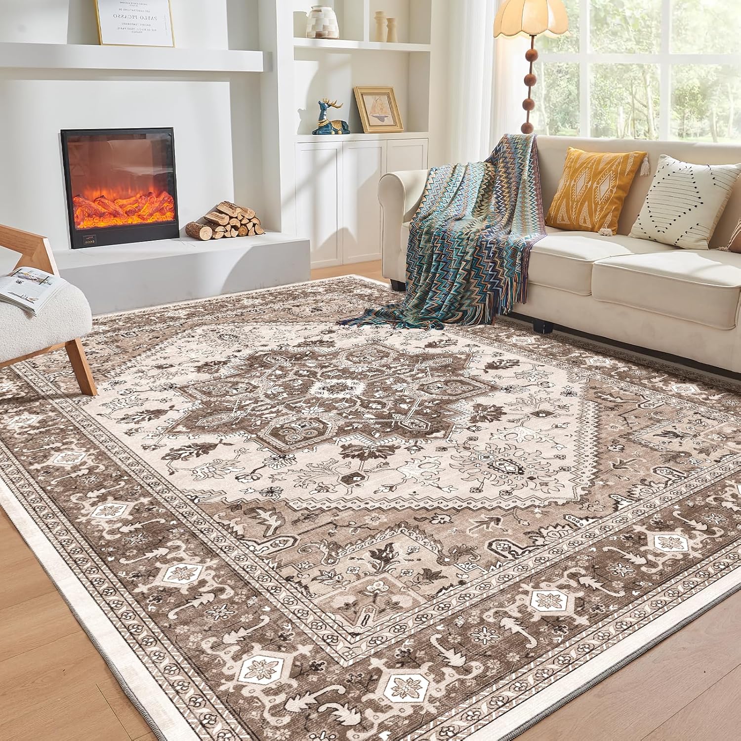 Soft Area Rugs 5x7, 5x7 Washable Rug with Non Slip Backing, 5 x 7 Faux Cashmere Low-Pile Carpet, Navy Blue & Gold