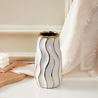 White Ceramic Vase for Home Decor,Decorative Flower Vase, Vertical Stripe Ceramic Vases for Home Décor, Bedroom, Office, Living Room, Bathroom, Tabletop Decor, Centerpiece (White)