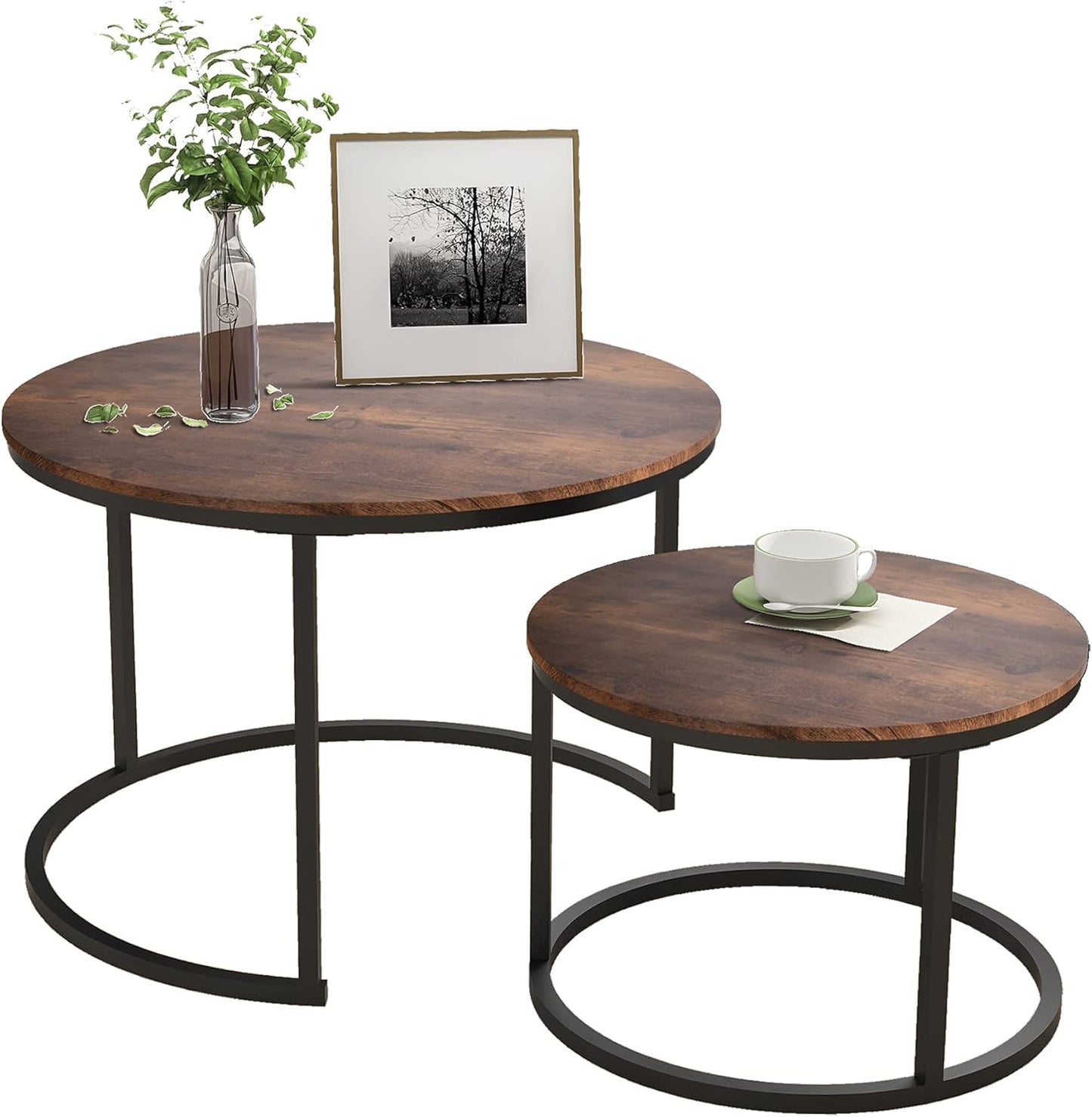 HOJINLINERO Round Coffee Table,Nesting Coffee Table Set of 2,Center Tables for Living Room,Office, Home Small Space,Stacking Side Tables,Sturdy and Easy Assembly,Wood Desktop,Brown,Large