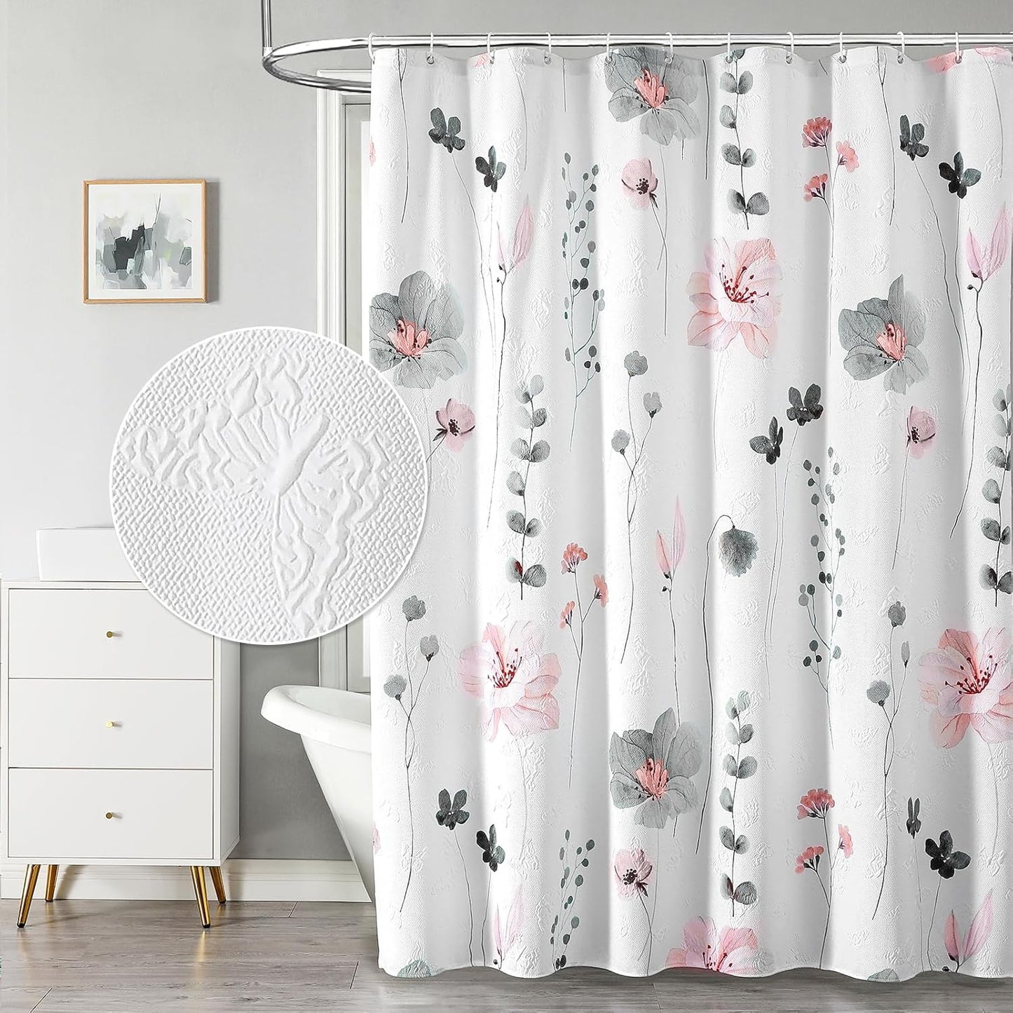 Watercolor Floral Shower Curtain, 3D Embossed Butterflies Grey Beige Flower Bathroom Curtains, Minimalist White Cloth Bath Curtain, Waterproof Fabric Textured Shower Curtain Set with Hooks, 72x72