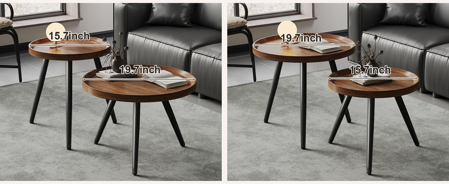 2 PCS Small Round Coffee Table Set, Mid Century Modern Coffee Tables for Living Room, Walnut Nesting Tables for Small Spaces, Easy Assembly Circle Wood Center Table,Black Nesting Coffee Table Set of 2