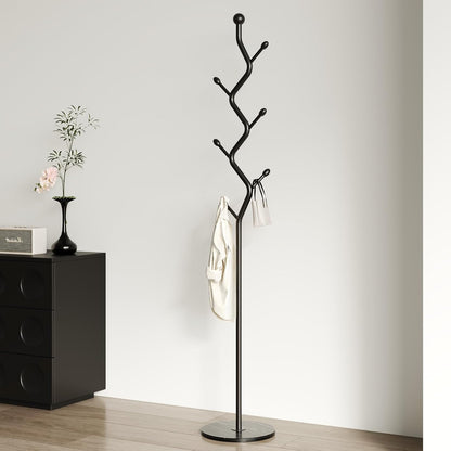 Tree Branch-Look Coat Rack Freestanding with 6 Hooks & Sturdy Marble base Metal Clothes Hanger Stand for Entryway/Mudroom/Bedroom/Hallway/Home Office (Matte black)