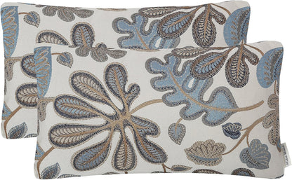Mika Home Set of 2 Jacquard Tropical Leaf Pattern Oblong Throw Pillow Covers Accent Pillowcase 12X20 Inches,Blue Cream