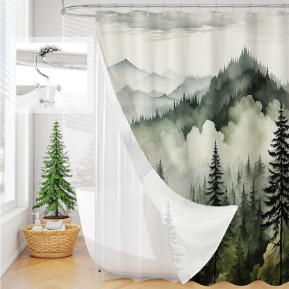 3 in 1 Shower Curtain Set, DarkGreen Misty Pine Forest Fabric Shower Curtain with PEVA Liner and Double Sided Hooks, Bathroom Curtain Waterproof 72x72
