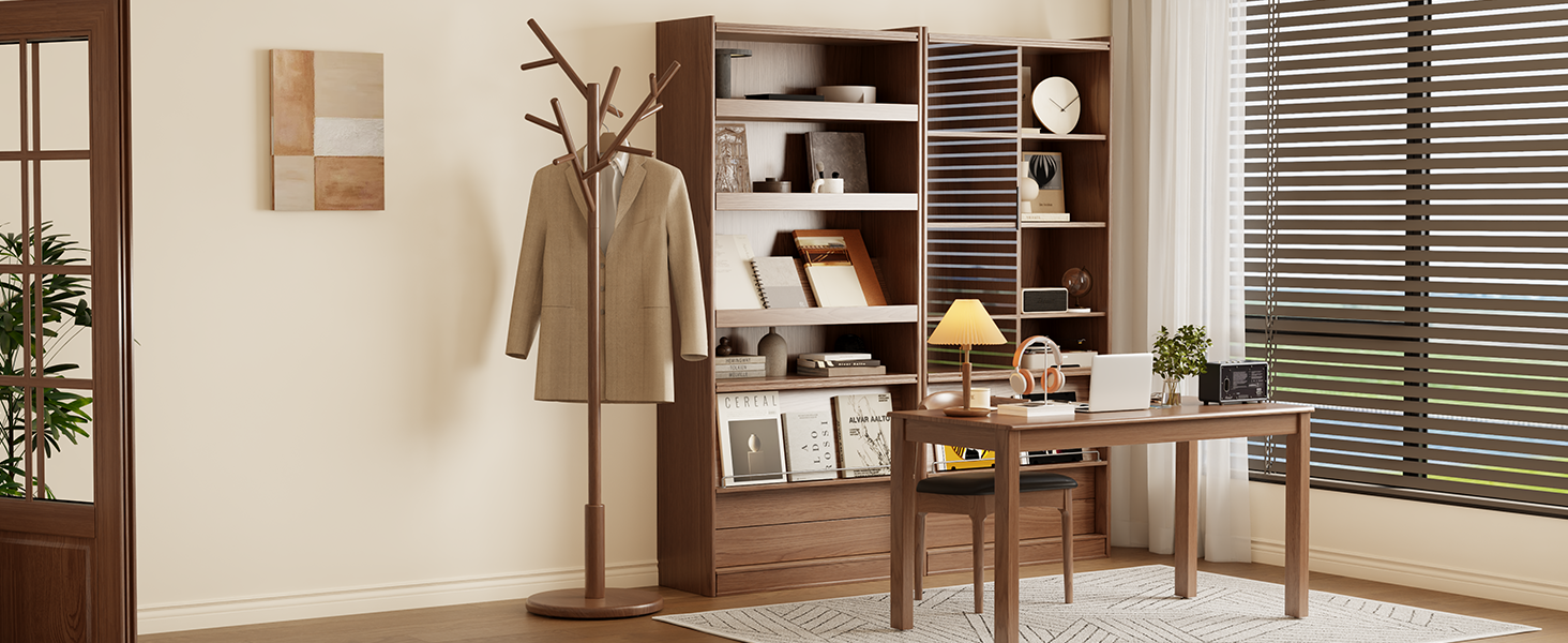 Coat Rack,Solid Wood Coat Rack Freestanding with 12 Hooks,Coat tree freestanding 3 Adjustable Heights for coat, Hats, Handbags，Coat Stand for Entryway,Bedroom (Walnut)