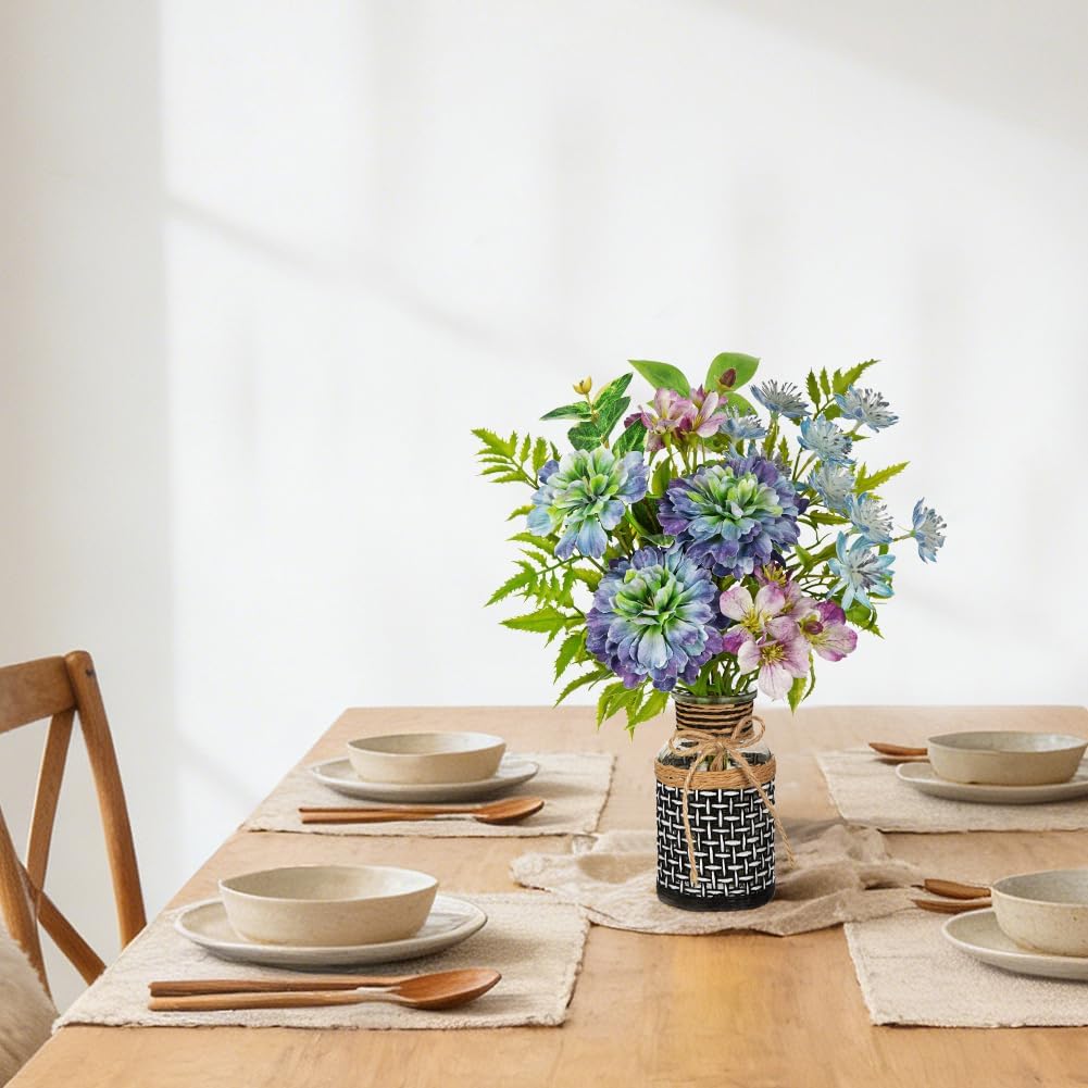 Fake Flowers in Vase Blue Faux Flowers Bush Bouquet Plant Flower Arrangements with Woven Glass Vase Artificial Flower Floral Bulk Bouquet Home Decor Bathroom Table Centerpiece Decorations