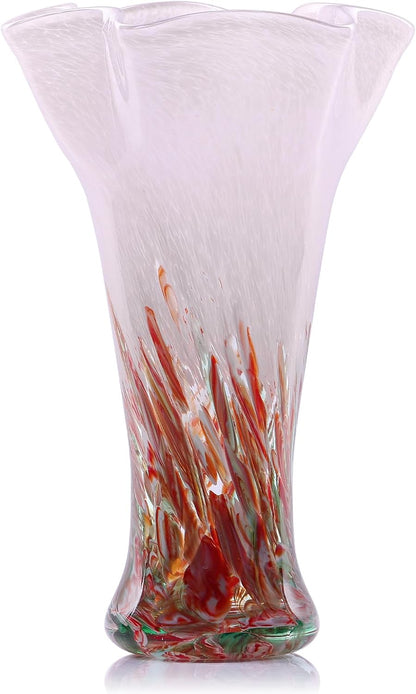 9.0" H Teal Glass Vases for Flowers, Unique Hand Blown Glass Vase Green Home Decor, Wide Mouth Colorful Flower Vase Centerpieces, for Living Room Table Bookshelf, Bathroom Office Shelf Decorative