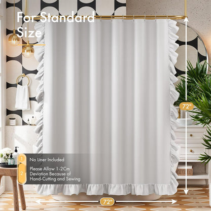 Ruffle Shower Curtain with Three-Side Ruffle, Solid White Farmhouse Curtains, Soft Flowy Layered Fabric, Elegant Spa Style, Clean Minimal Look, Water Repellent,12 Metal Hooks, 72" W x 72" L