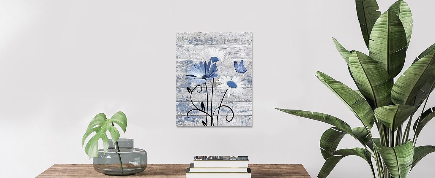 Farmhouse Floral Wall Art for Living Room, Blue and White Daisy Flower and Butterfly on Rustic Wood Board Canvas Wall Art Framed Artwork Ready to Hang for Bathroom Bedroom Decor, 16L X 12W