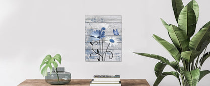 Farmhouse Floral Wall Art for Living Room, Blue and White Daisy Flower and Butterfly on Rustic Wood Board Canvas Wall Art Framed Artwork Ready to Hang for Bathroom Bedroom Decor, 16L X 12W