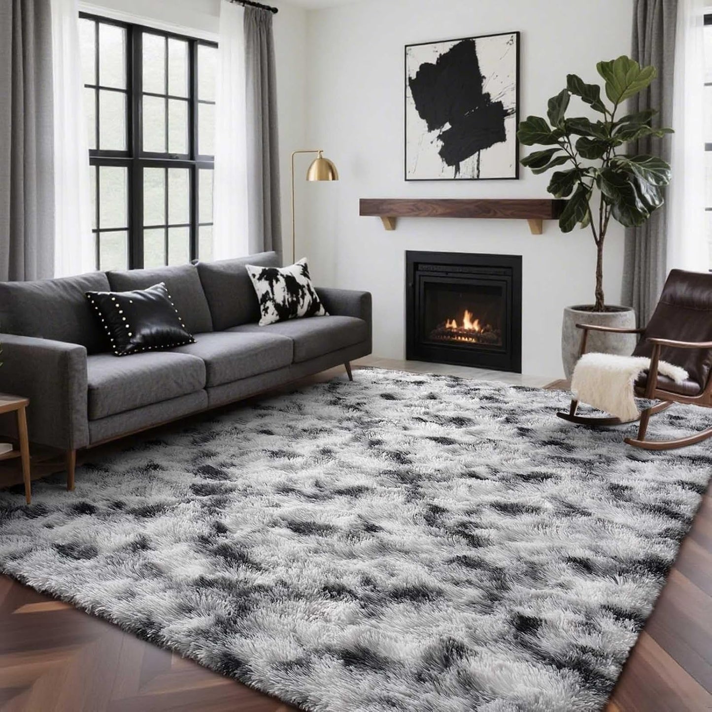6x9 Ft Large Shag Rugs for Living Room, Tie-Dyed Ultra Soft Fluffy Furry Area Rugs for Bedroom Indoor Floor, Aesthetic Carpet for Kids Home Decor (Dark Grey)