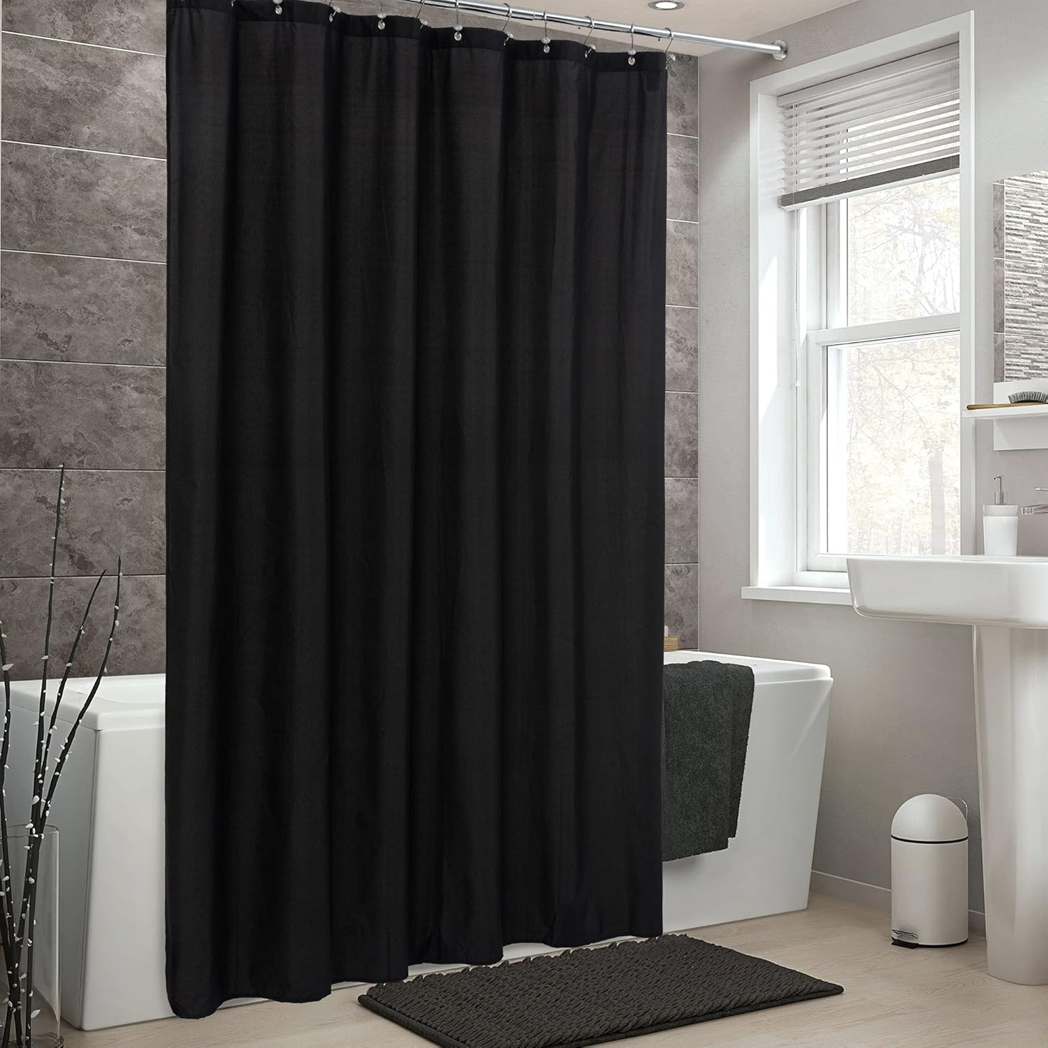 Waterproof Fabric Shower Curtain Soft Hotel Quality - 3 Magnets at Bottom, Premium Black Shower Curtain Liner for Bathroom, Light-Weight Cloth & Washable - 72x72, Black