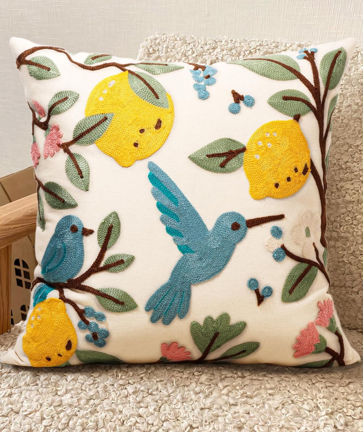 Embroidered Throw Pillow Cover 18x18 Inch - Spring Summer Boho Decorative Pillow Cover with Zipper for Living Room Couch Sofa Bed Aesthetic Design Flower Cluster Cushion Pillowcase