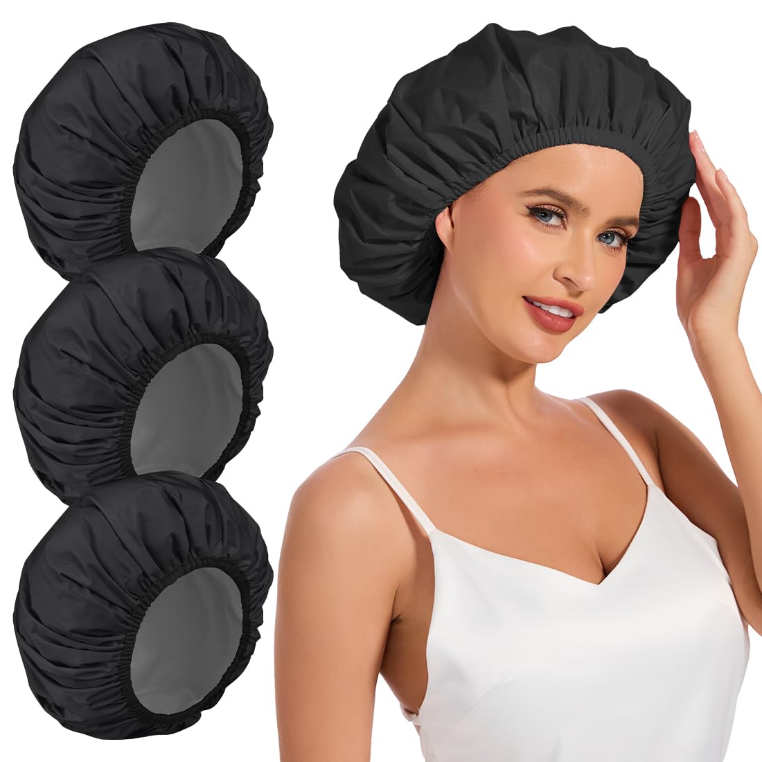 Shower Cap for Women Waterproof Reusable, Large Shower Cap Non-Slip with Elastic Band, Washable Bath Hair Hat for Long Hair, Braids (Pink)