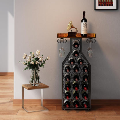X-cosrack Wine Rack Freestanding Floor, Wine Storage Rack Mini Bar Table with Tabletop, Glass Holder Wine Bottle Display Stand Liquor Cabinet for Home Bar Kitchen Living Room