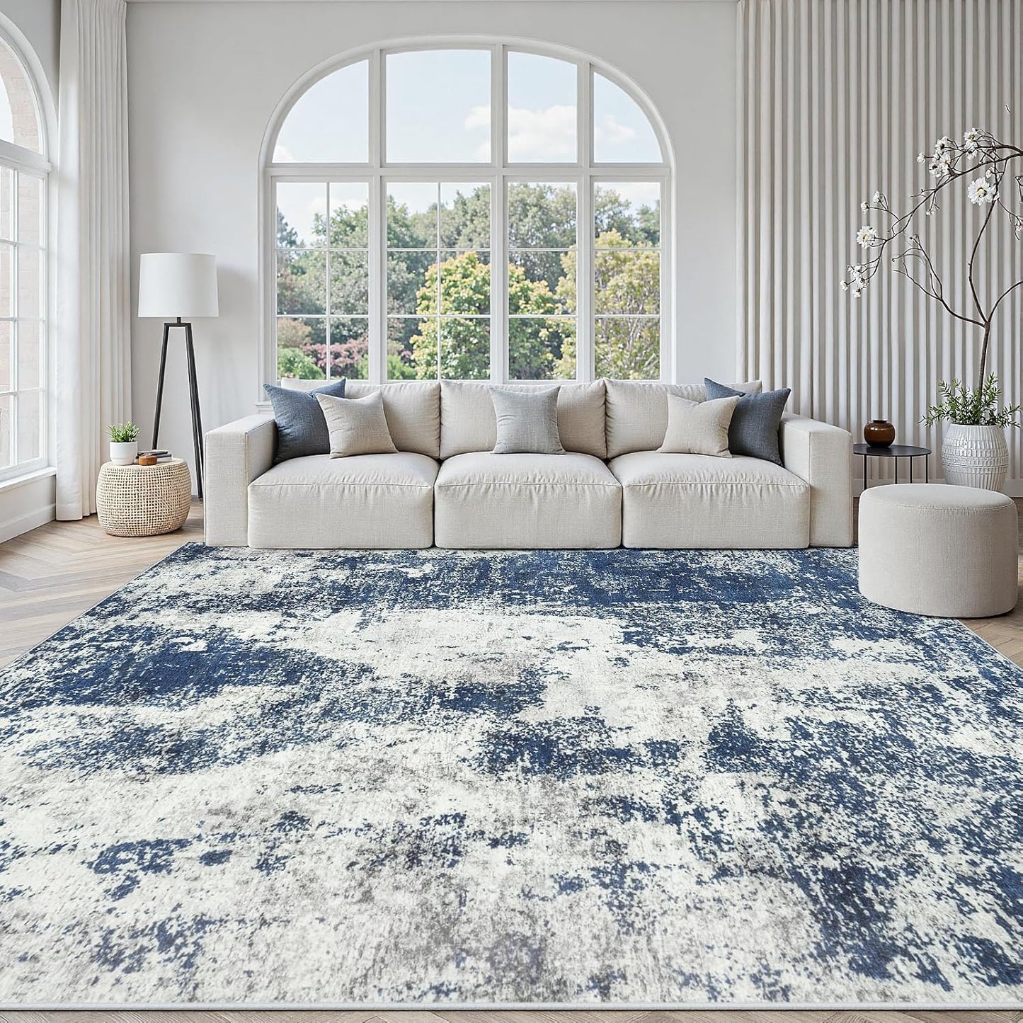 Area Rug Living Room Rugs: 5x7 Large Soft Indoor Carpet Modern Abstract Rug with Non Slip Rubber Backing for Under Dining Table Nursery Home Office Bedroom White Gray Blue