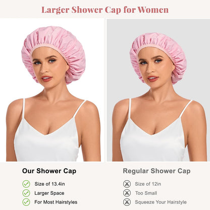 Shower Cap for Women Waterproof Reusable, Large Shower Cap Non-Slip with Elastic Band, Washable Bath Hair Hat for Long Hair, Braids (Pink)