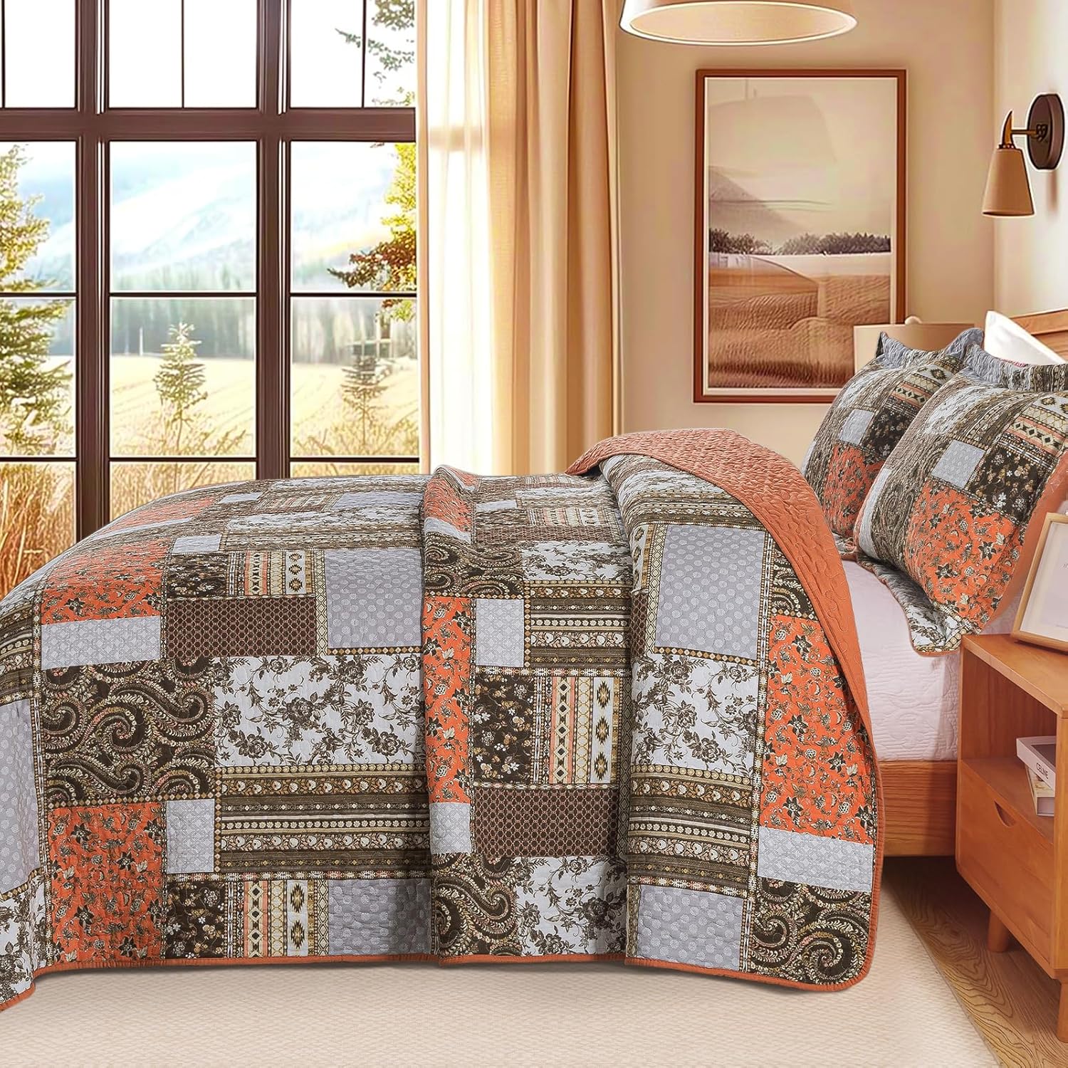 Farmhouse Cotton Quilts Queen Size for Fall - Lightweight Patchwork Autumn Bedspread Set for Bed Coverlet - Highly-Woven Soft Reversible Bed Spread for All Seasons (Floral Orange) 3 Pieces