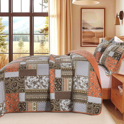 Farmhouse Cotton Quilts Queen Size for Fall - Lightweight Patchwork Autumn Bedspread Set for Bed Coverlet - Highly-Woven Soft Reversible Bed Spread for All Seasons (Floral Orange) 3 Pieces