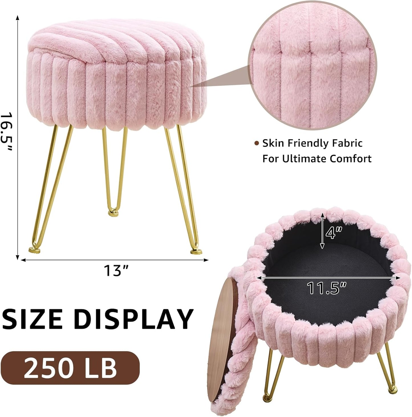 Vanity Stool with Storage, Faux Fur Ottoman Chair with Metal Legs, Round Makeup Vanity Chair for Bedroom or Dressing Table, Modern Small Ottoman Seat (Pink)