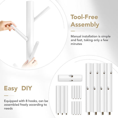 Coat Rack Freestanding with 8 Hooks,Easy Assembly New Zealand Pine Tree Coat Racks, 3 Adjustable Sizes for Clothes, Hats, Bags, for Entryway, Hallway, Bedroom, Office (White, 1 PC)