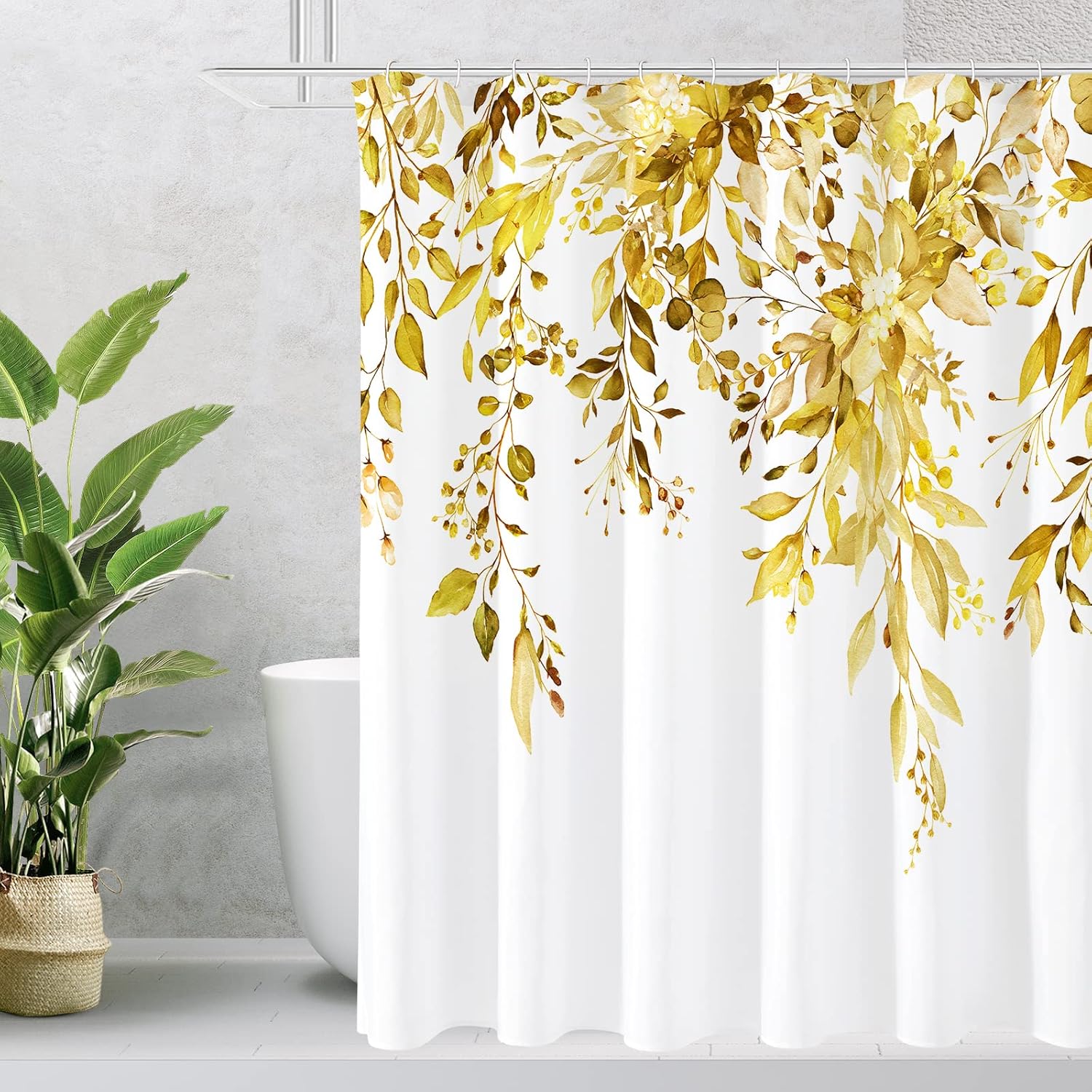 Grey Eucalyptus Shower Curtain, Watercolor Plant Leaves with Floral Bathroom Shower Curtain Set, Gray White, 72x72