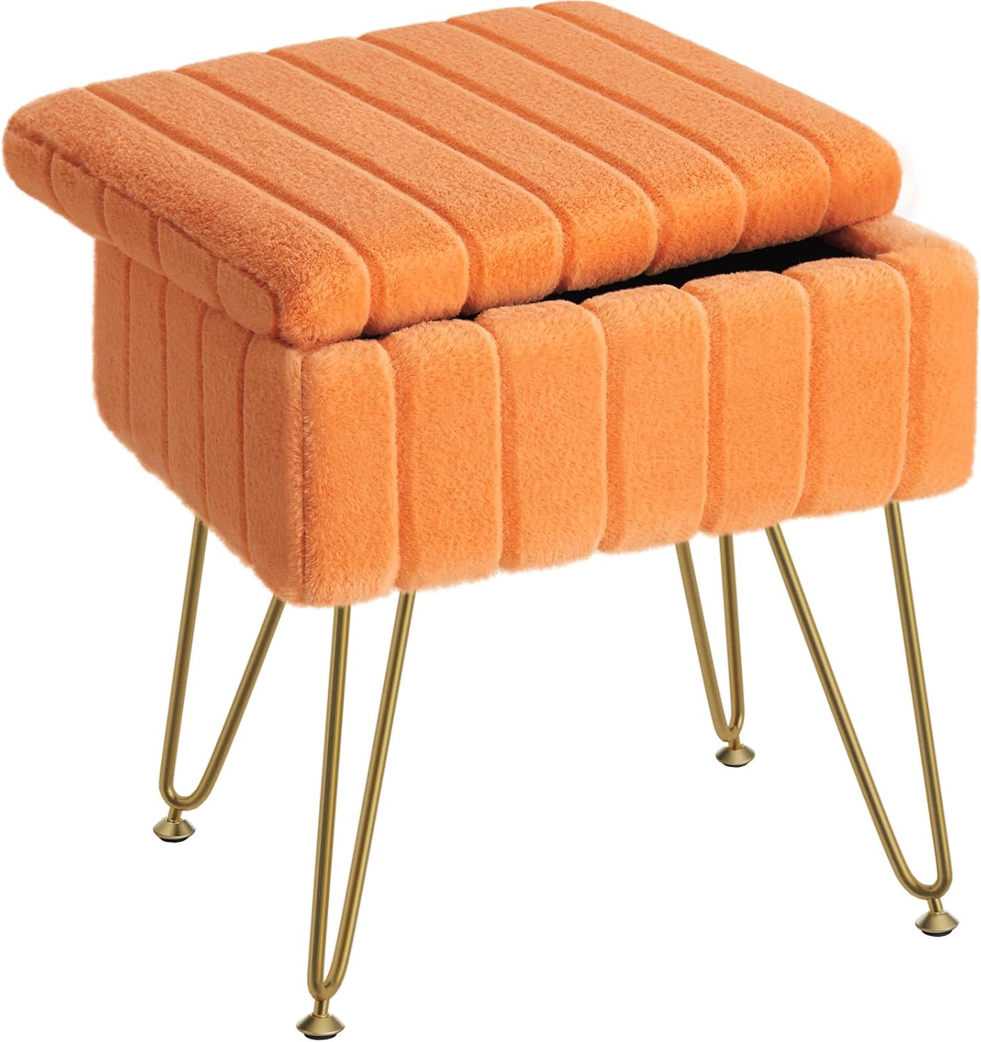 Vanity Stool Chair Faux Fur with Storage, 15.7"L x 11.8"W x 19.4"H Soft Ottoman 4 Metal Legs with Anti-Slip Feet, Furry Padded Seat, Modern Multifunctional Chairs for Makeup, Bedroom White