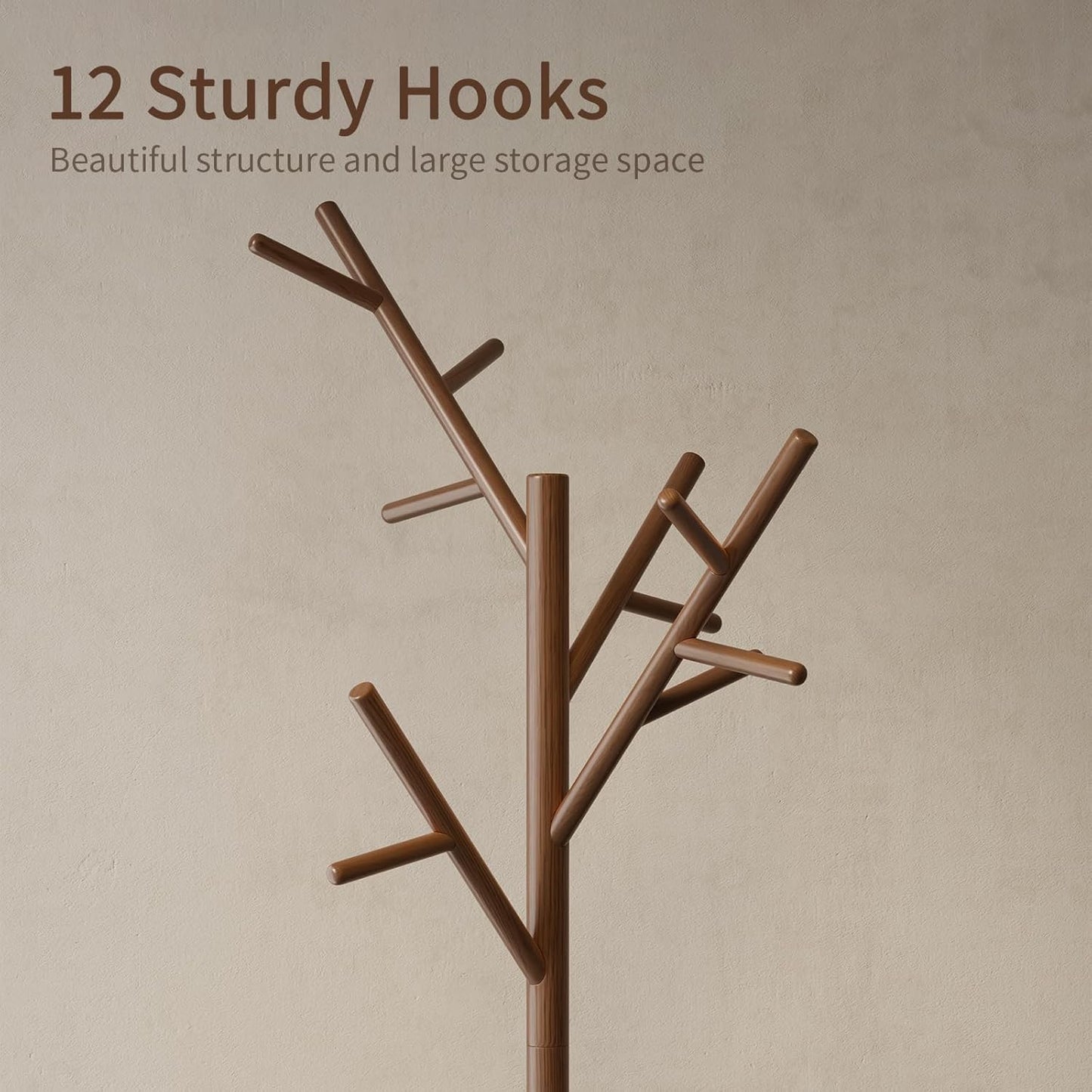 Coat Rack,Solid Wood Coat Rack Freestanding with 12 Hooks,Coat tree freestanding 3 Adjustable Heights for coat, Hats, Handbags，Coat Stand for Entryway,Bedroom (Walnut)