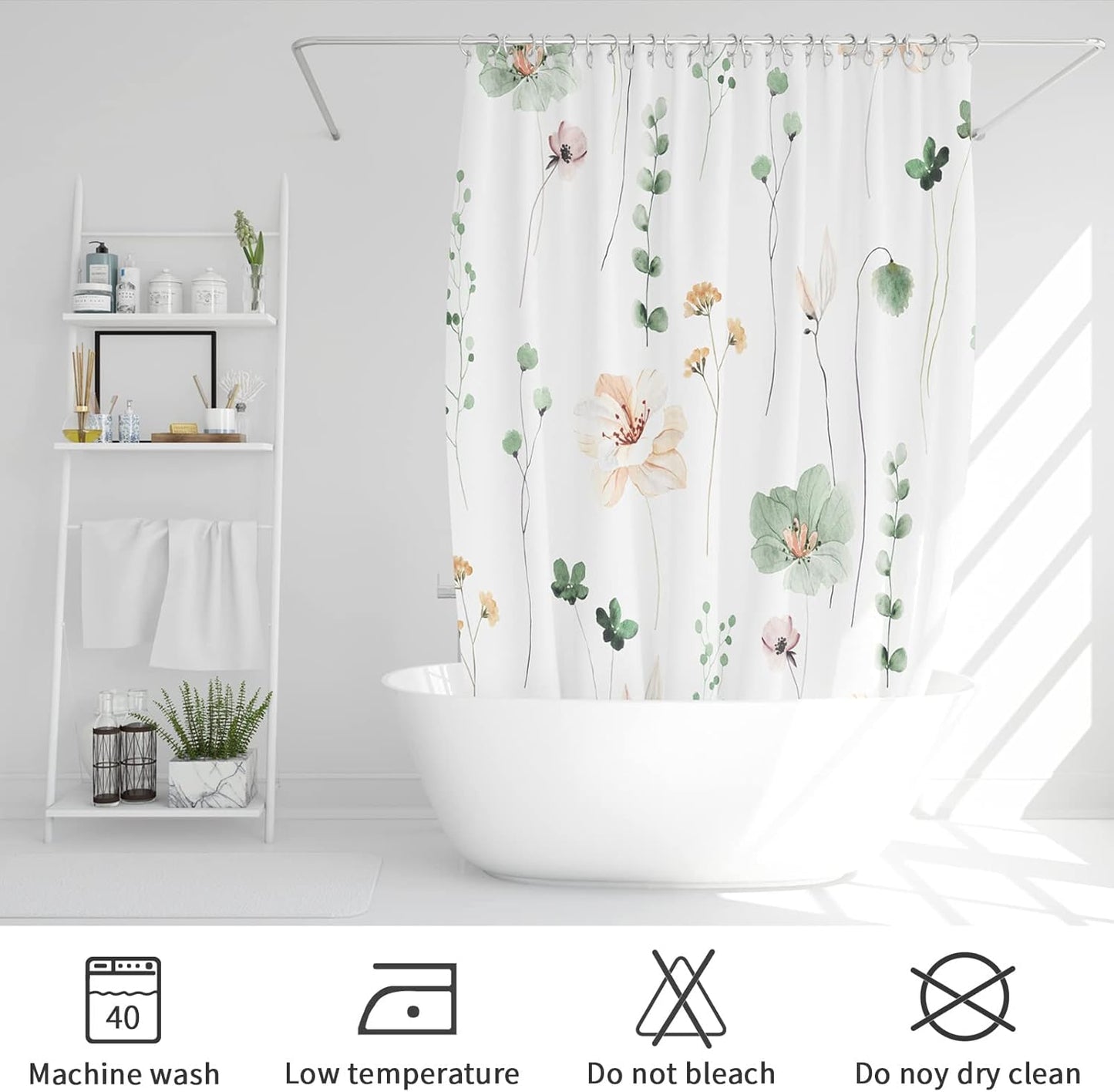 Watercolor Floral Shower Curtain, Sage Green Beige Flower Shower Curtain for Bathroom, Modern Minimalist White Waterproof Fabric Shower Curtain Set 72x72 Inch