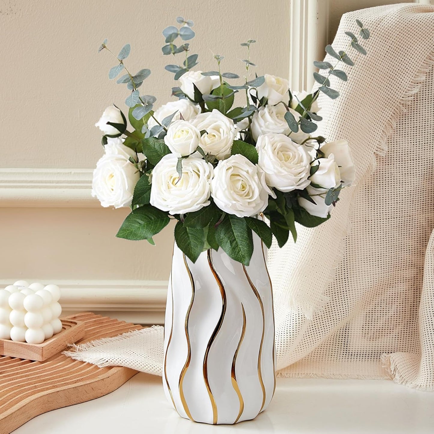 White Ceramic Vase for Home Decor,Decorative Flower Vase, Vertical Stripe Ceramic Vases for Home Décor, Bedroom, Office, Living Room, Bathroom, Tabletop Decor, Centerpiece (White)