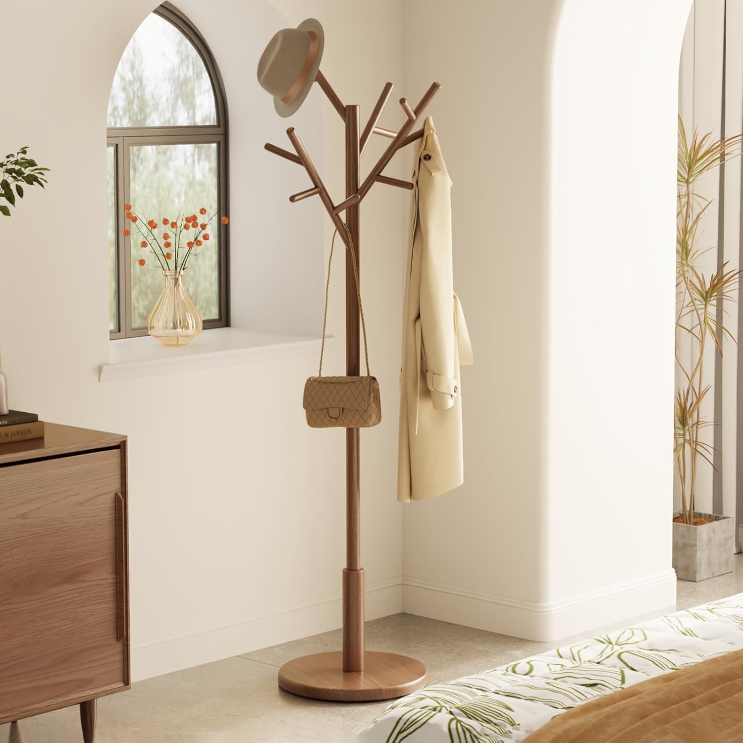 Coat Rack,Solid Wood Coat Rack Freestanding with 12 Hooks,Coat tree freestanding 3 Adjustable Heights for coat, Hats, Handbags，Coat Stand for Entryway,Bedroom (Walnut)