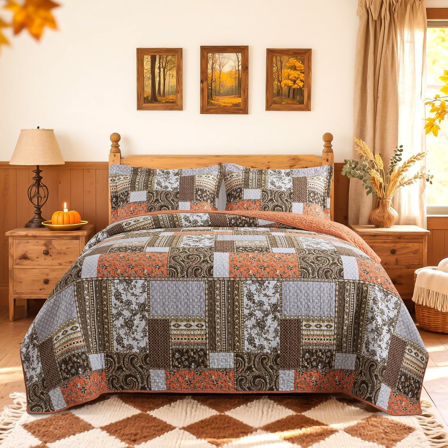 Farmhouse Cotton Quilts Queen Size for Fall - Lightweight Patchwork Autumn Bedspread Set for Bed Coverlet - Highly-Woven Soft Reversible Bed Spread for All Seasons (Floral Orange) 3 Pieces